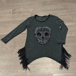 Gray Skull Fringe Sweater